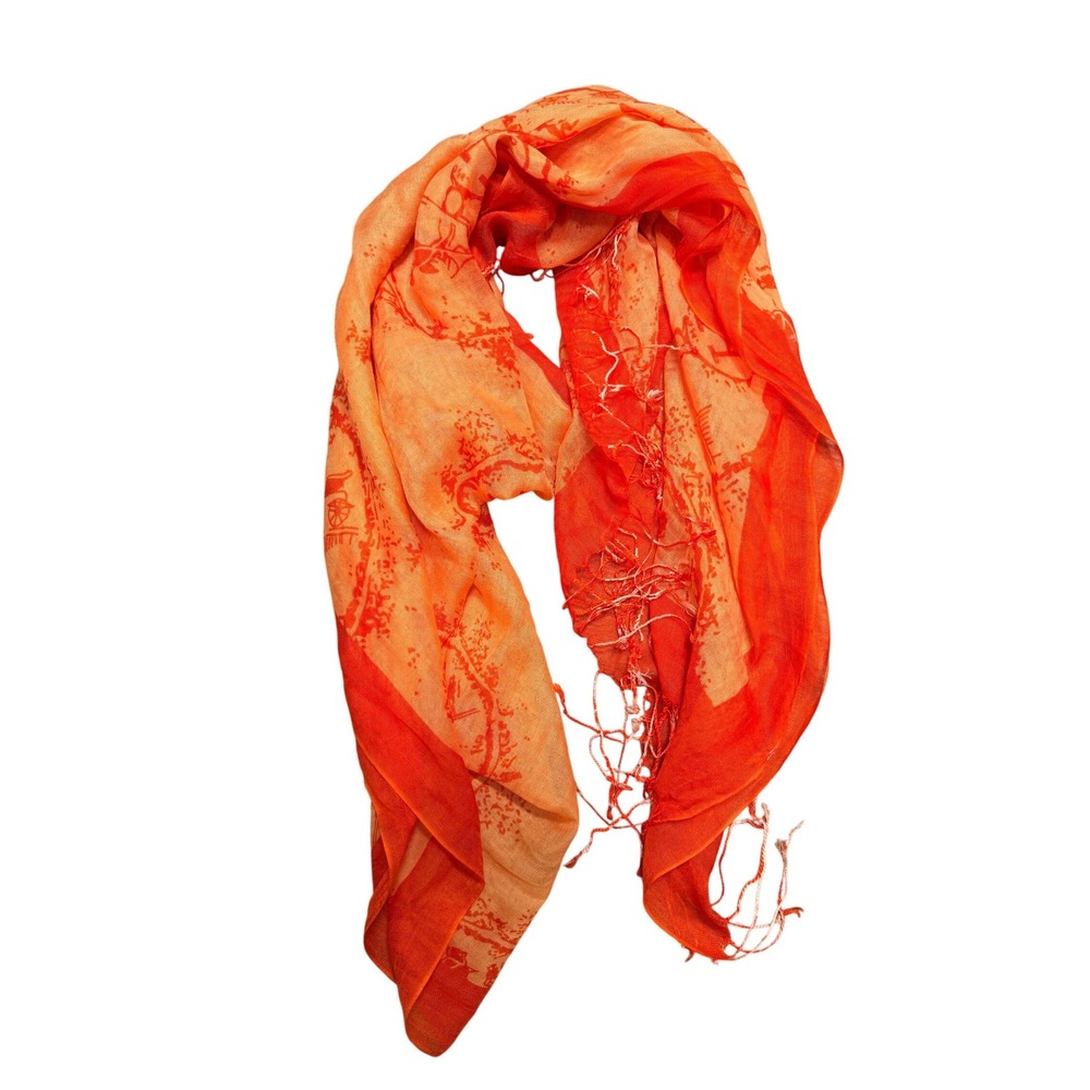 H Style Carriage Print Scarf Orange Coral Lightweight Fringed Wrap Shawl